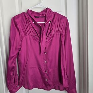 Zara Fuchsia Tie-Neck Button-Down Blouse